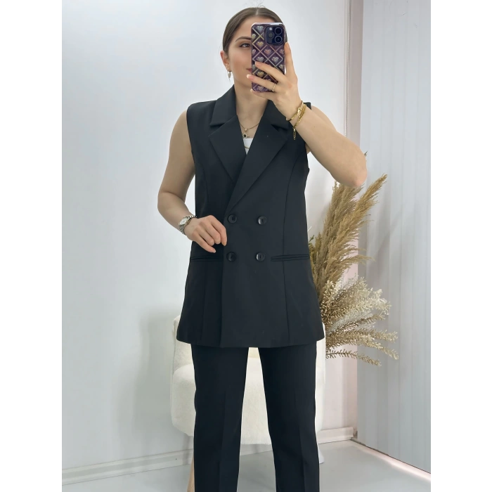 Kravuze Yaka Yelek Pantolon Takım Siyah