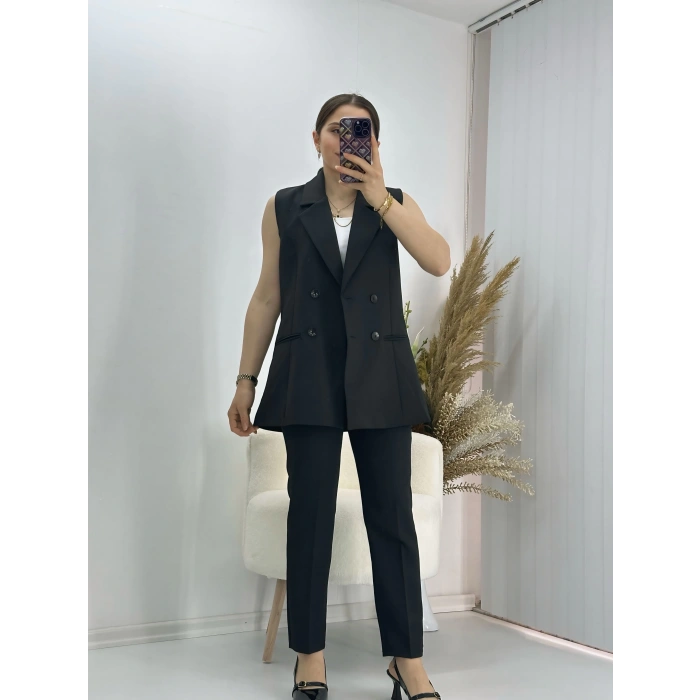 Kravuze Yaka Yelek Pantolon Takım Siyah