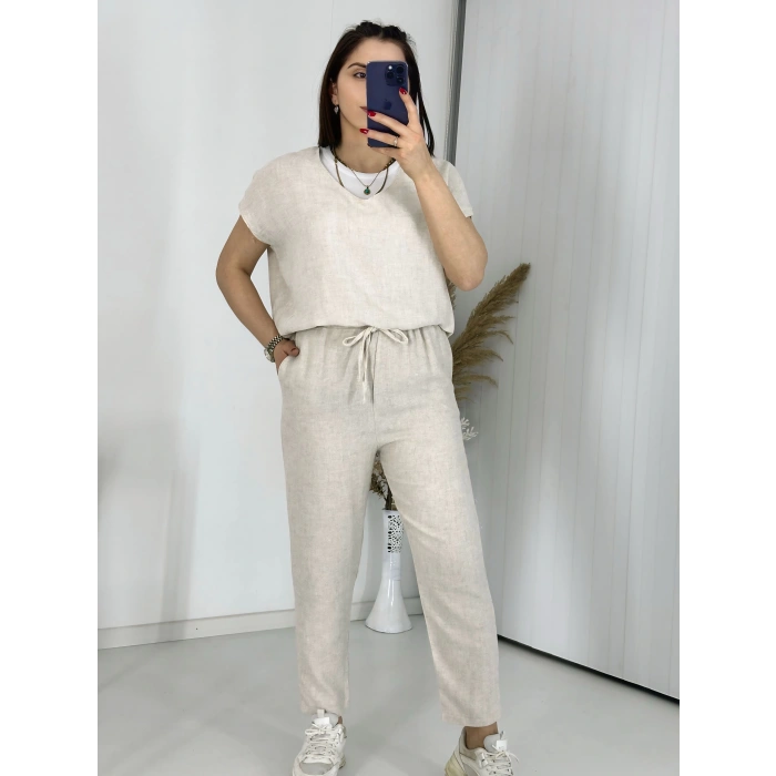 Krem V Yaka Keten Takım