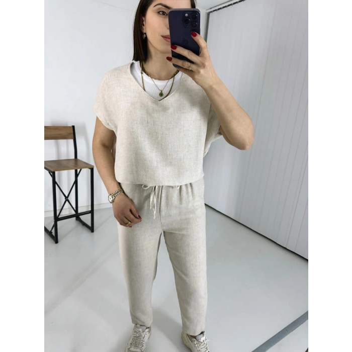 Krem V Yaka Keten Takım