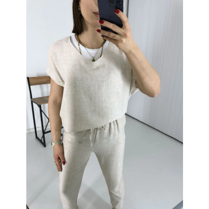 Krem V Yaka Keten Takım