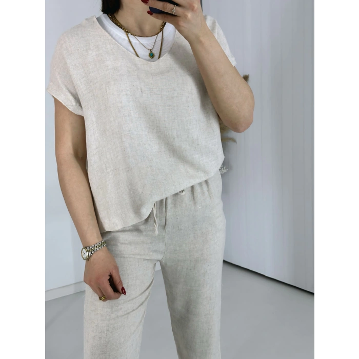 Krem V Yaka Keten Takım