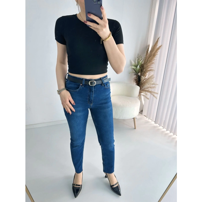 Lacivert Paça Kesik Jean