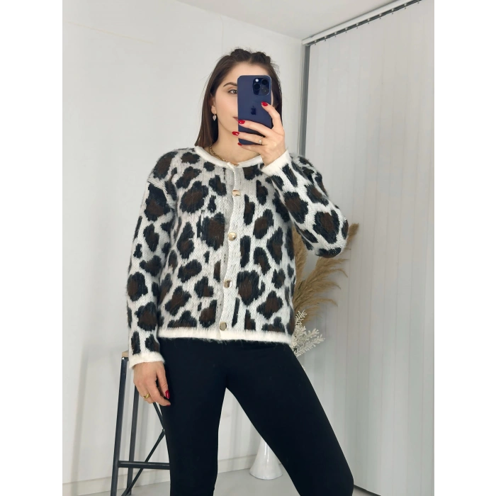 Leopar Desen Gold Düğmeli Hırka