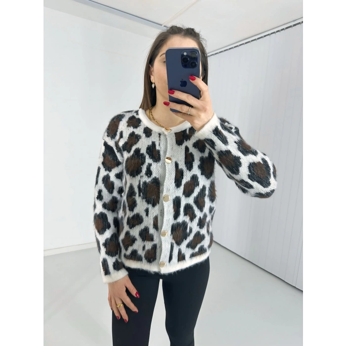 Leopar Desen Gold Düğmeli Hırka