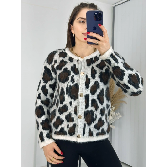 Leopar Desen Gold Düğmeli Hırka