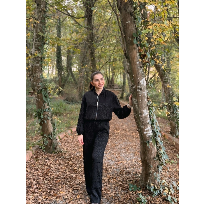 Leopar desen saten takım siyah