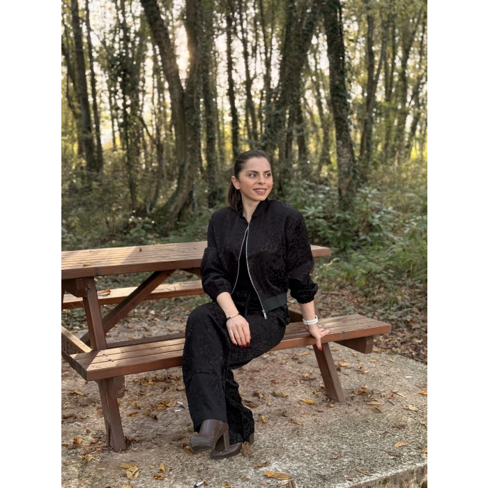 Leopar desen saten takım siyah