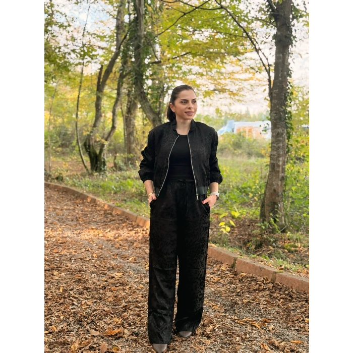 Leopar desen saten takım siyah