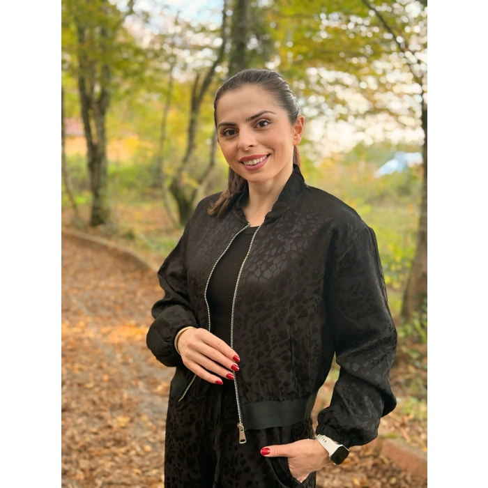 Leopar desen saten takım siyah