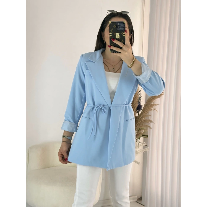 Mavi Bel Bağlamalı Ceket