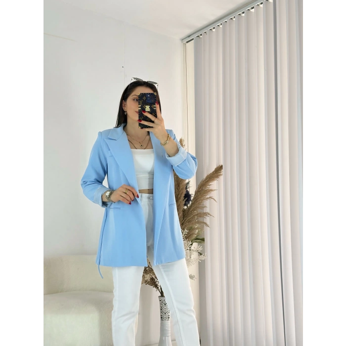 Mavi Bel Bağlamalı Ceket