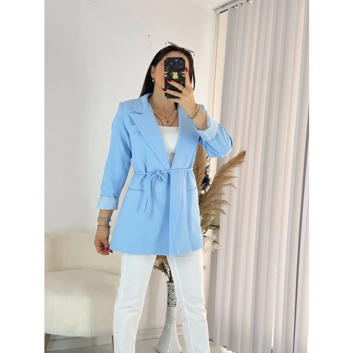 Mavi Bel Bağlamalı Ceket