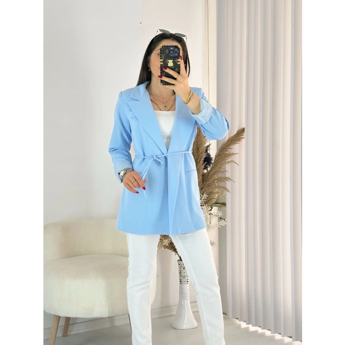 Mavi Bel Bağlamalı Ceket