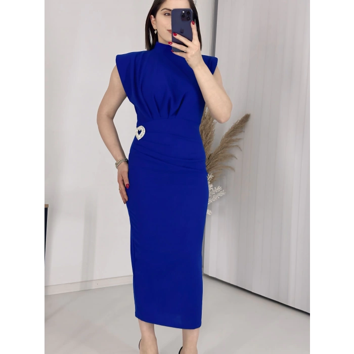 Mavi BROŞLU Vatkalı Krep Elbise