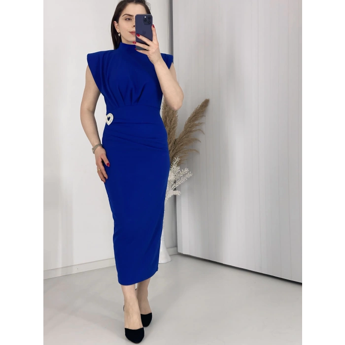 Mavi BROŞLU Vatkalı Krep Elbise