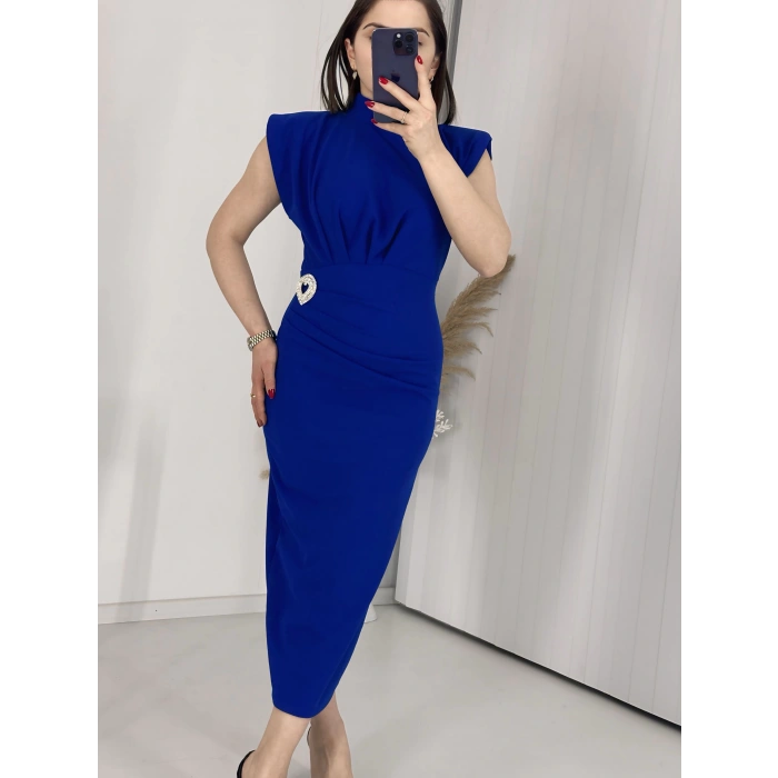 Mavi BROŞLU Vatkalı Krep Elbise