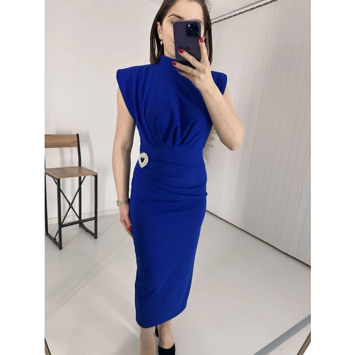 Mavi BROŞLU Vatkalı Krep Elbise