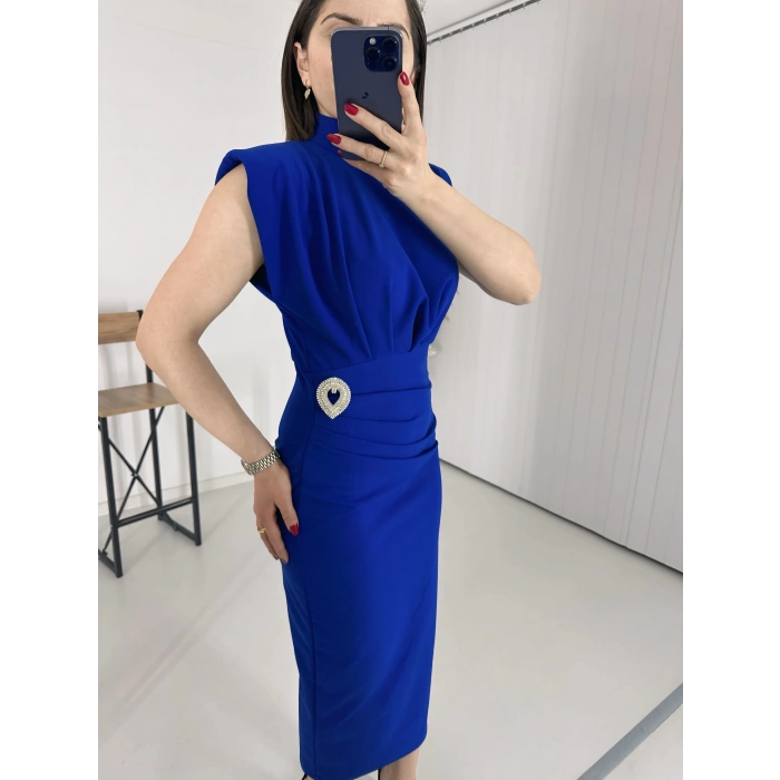 Mavi BROŞLU Vatkalı Krep Elbise