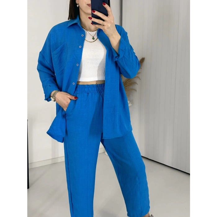 Mavi Keten Pantolon Gömlek İkili Takım