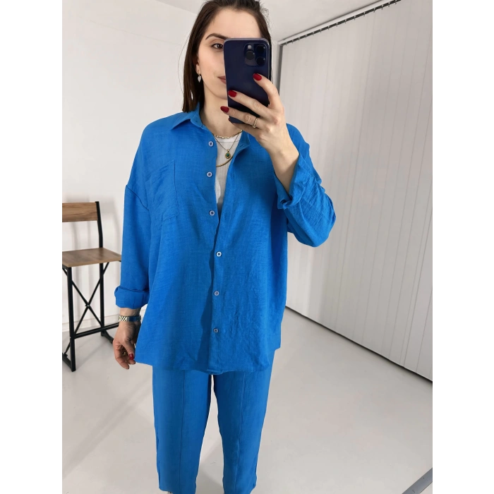Mavi Keten Pantolon Gömlek İkili Takım