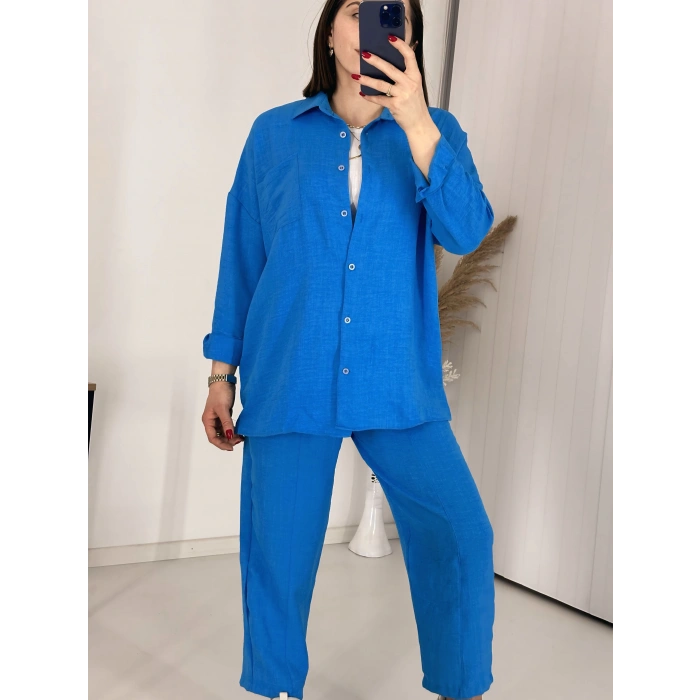 Mavi Keten Pantolon Gömlek İkili Takım