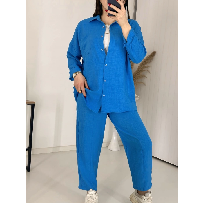 Mavi Keten Pantolon Gömlek İkili Takım
