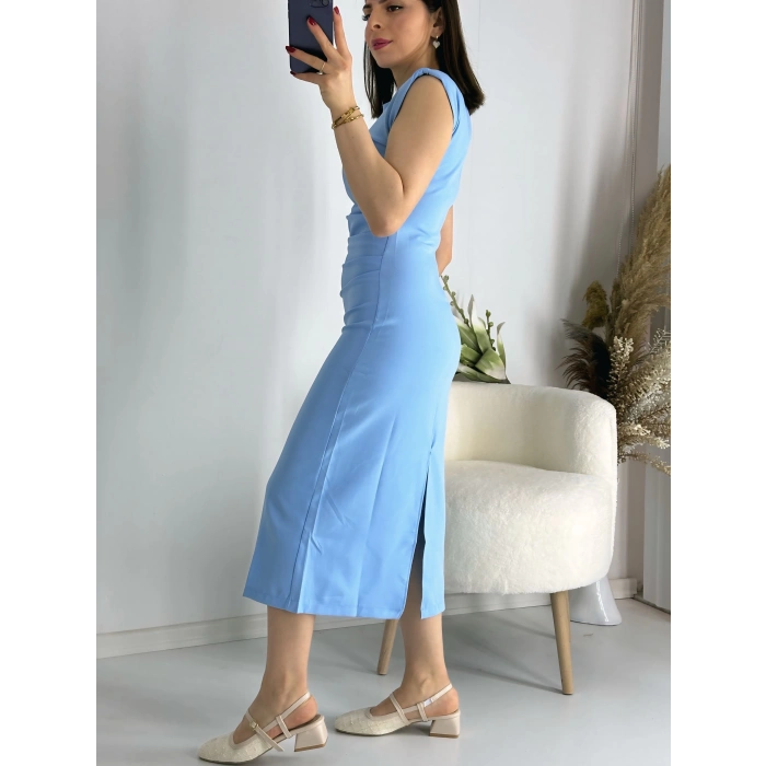 Mavi Omuz Vatkalı Drape Elbise