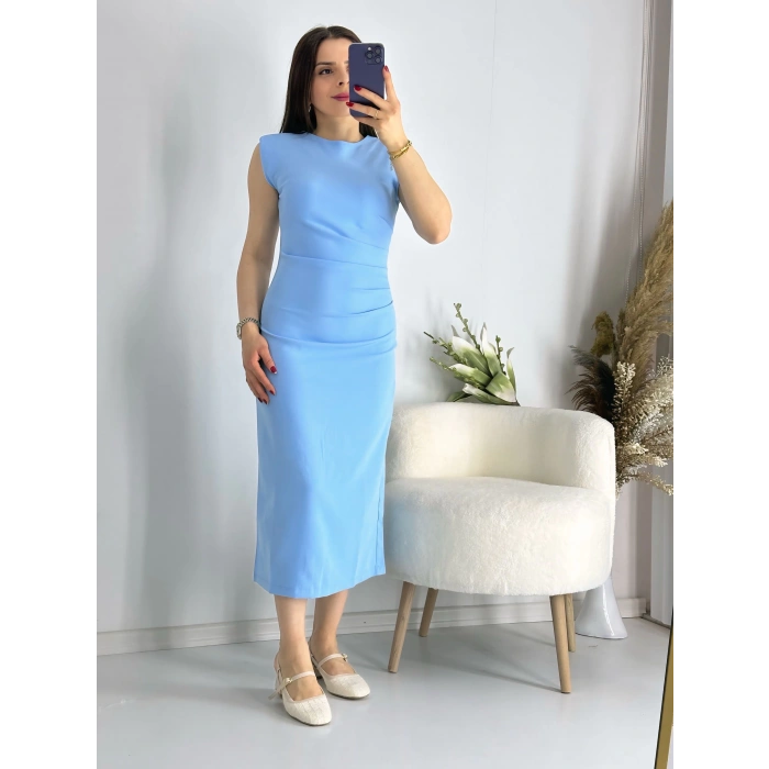 Mavi Omuz Vatkalı Drape Elbise