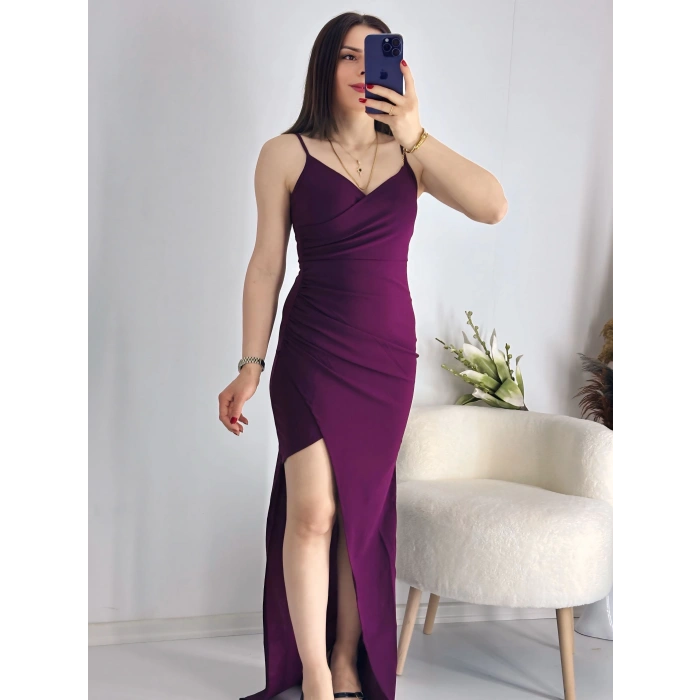 Mürdüm İnce İp Askılı Yırtmaçlı Uzun Abiye