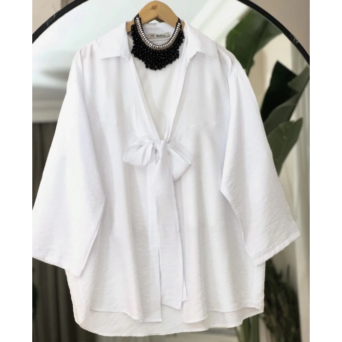 Ön Bağlamalı Kimono Keten Gömlek Beyaz