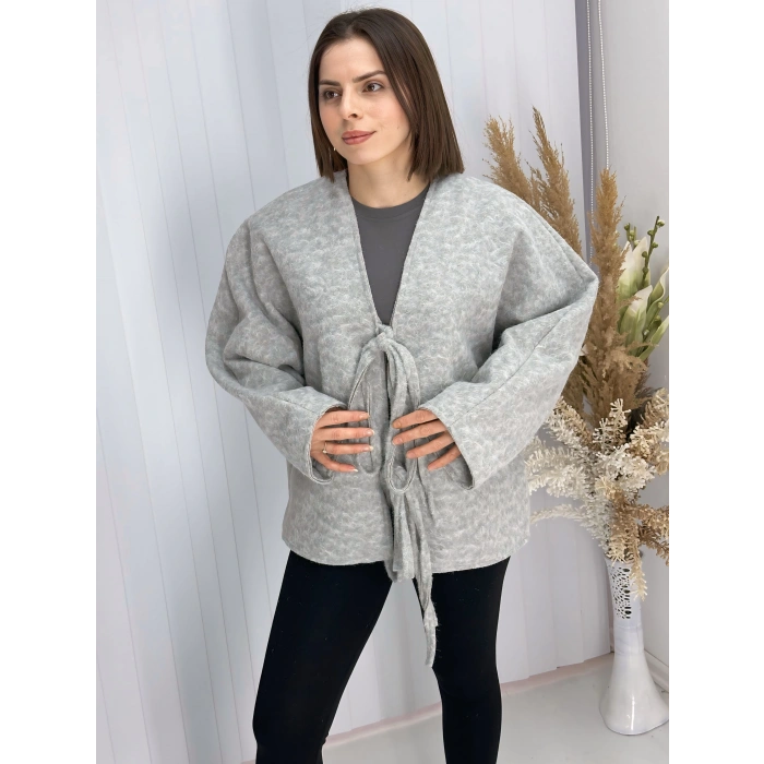 Önü Bağlamalı Kaşe Ceket Gri