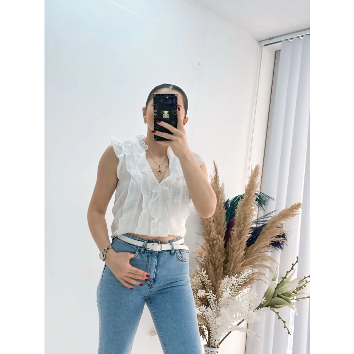 Önü Fırfır Detaylı Bluz Gömlek Beyaz