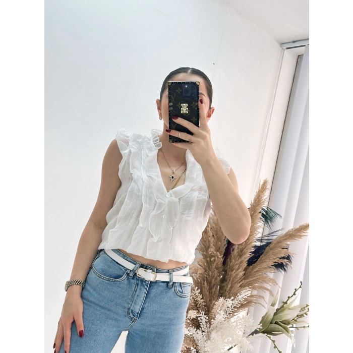 Önü Fırfır Detaylı Bluz Gömlek Beyaz