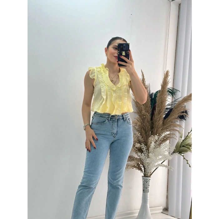 Önü Fırfır Detaylı Gömlek Bluz Sarı