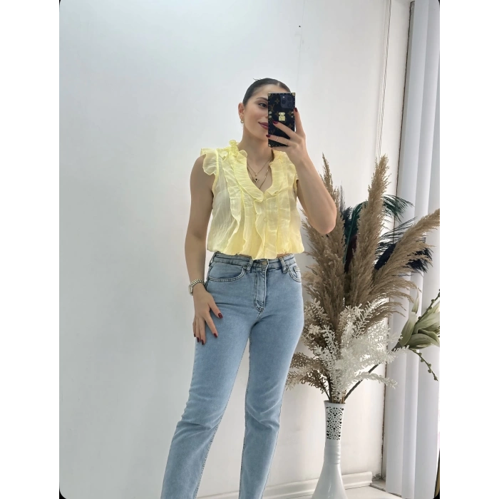 Önü Fırfır Detaylı Gömlek Bluz Sarı
