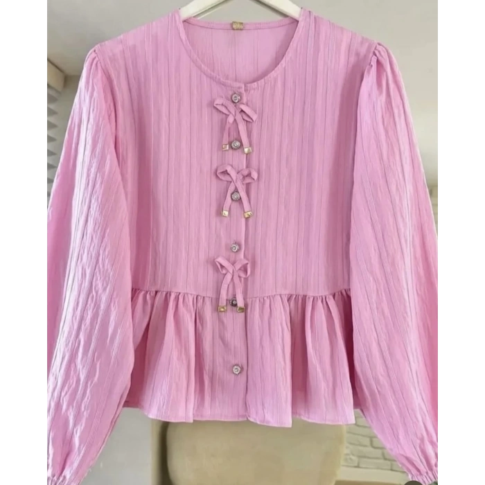Önü Fiyonk Detaylı Düğmeli Kolu Lastikli bluz Pembe