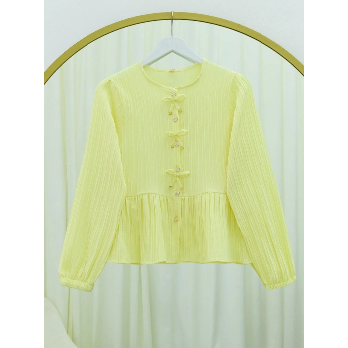 Önü Fiyonk Detaylı Düğmeli Kolu Lastikli bluz sarı