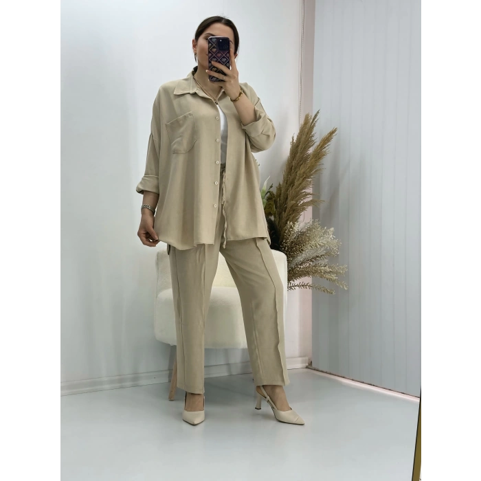 Pamuklu Keten İkili Takım Bej