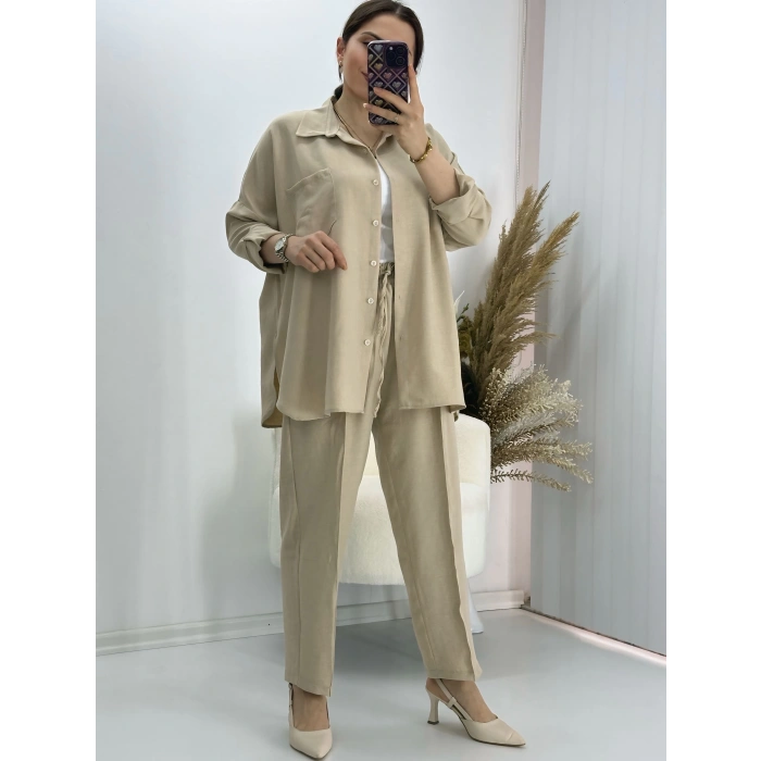 Pamuklu Keten İkili Takım Bej