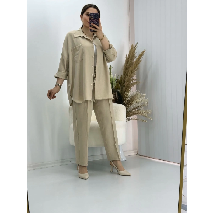 Pamuklu Keten İkili Takım Bej