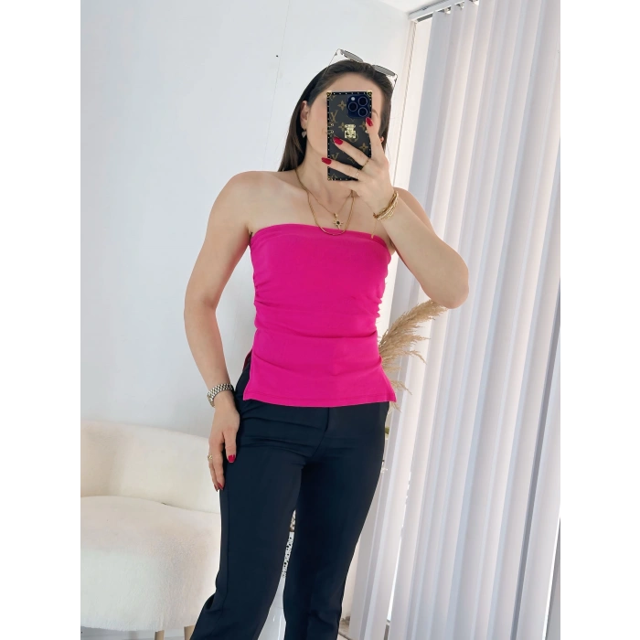 Pembe Çift Yırtmaçlı Straplez Bluz