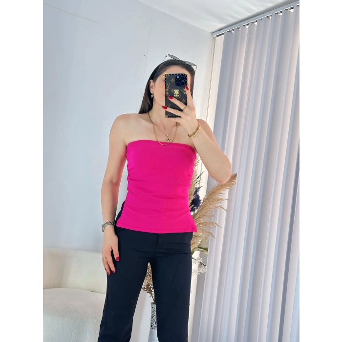 Pembe Çift Yırtmaçlı Straplez Bluz