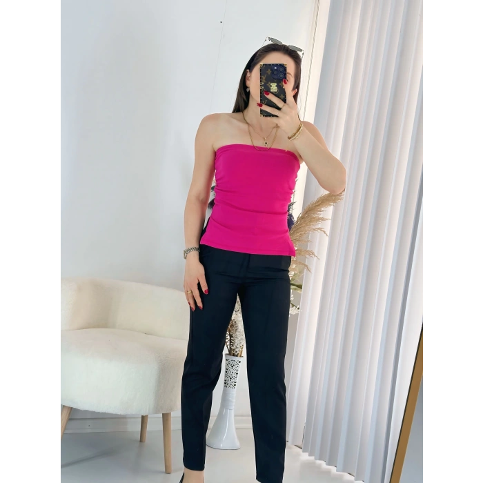 Pembe Çift Yırtmaçlı Straplez Bluz