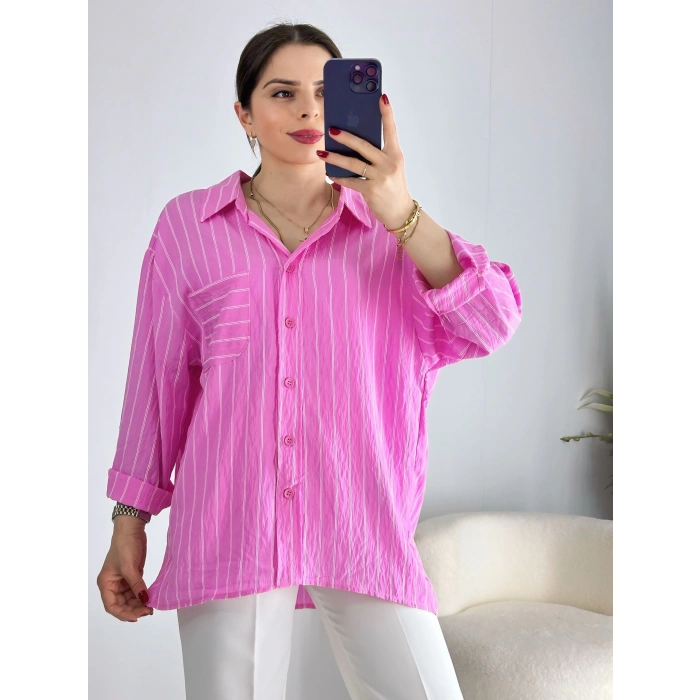 Pembe Çizgili omuz Düşük Gömlek