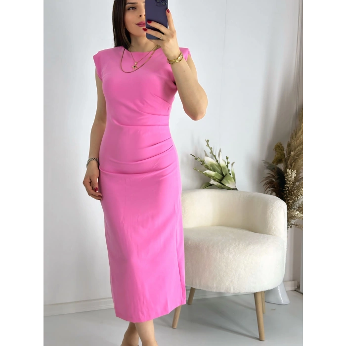 Pembe Omuz Vatkalı Drape Elbise