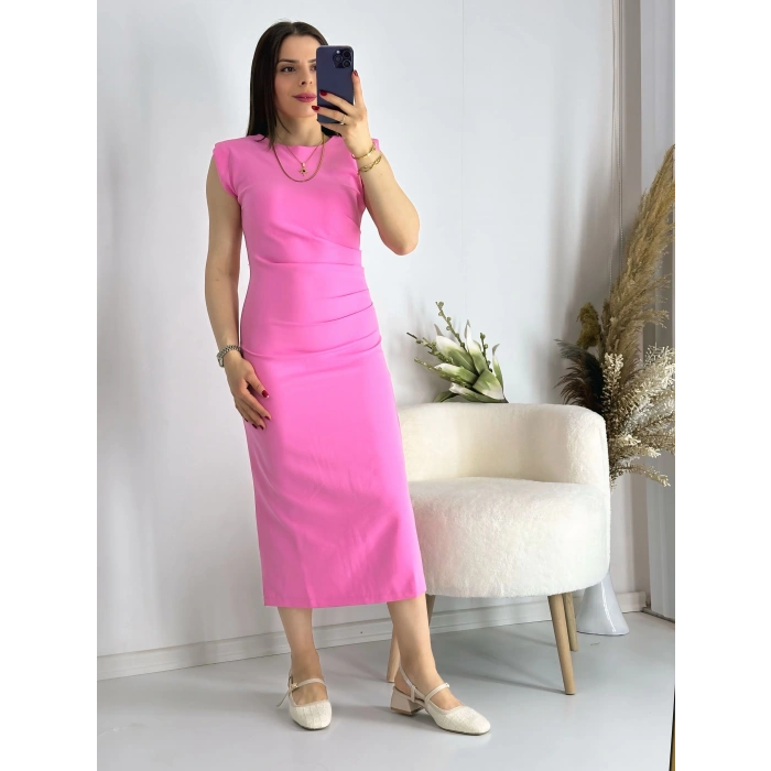 Pembe Omuz Vatkalı Drape Elbise