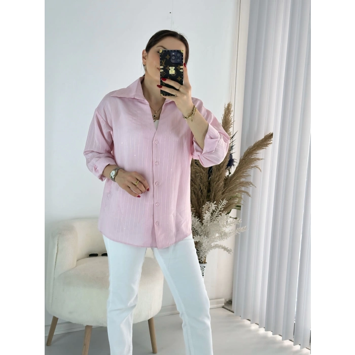 Pembe Pul Detay çizgili Gömlek