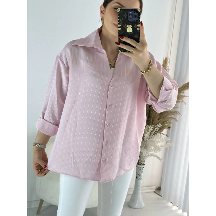 Pembe Pul Detay çizgili Gömlek