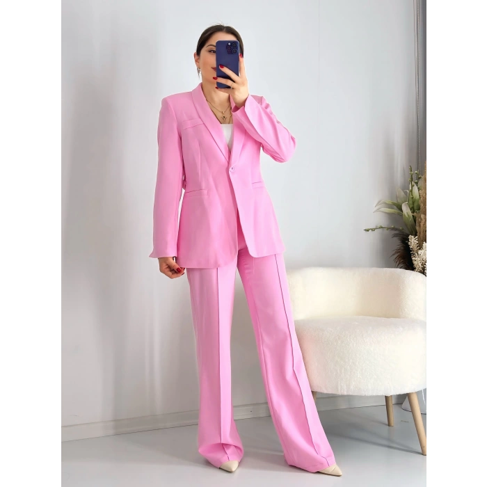 Pembe Şal Yaka Bağlama Detay Ceket Pantolon Takım